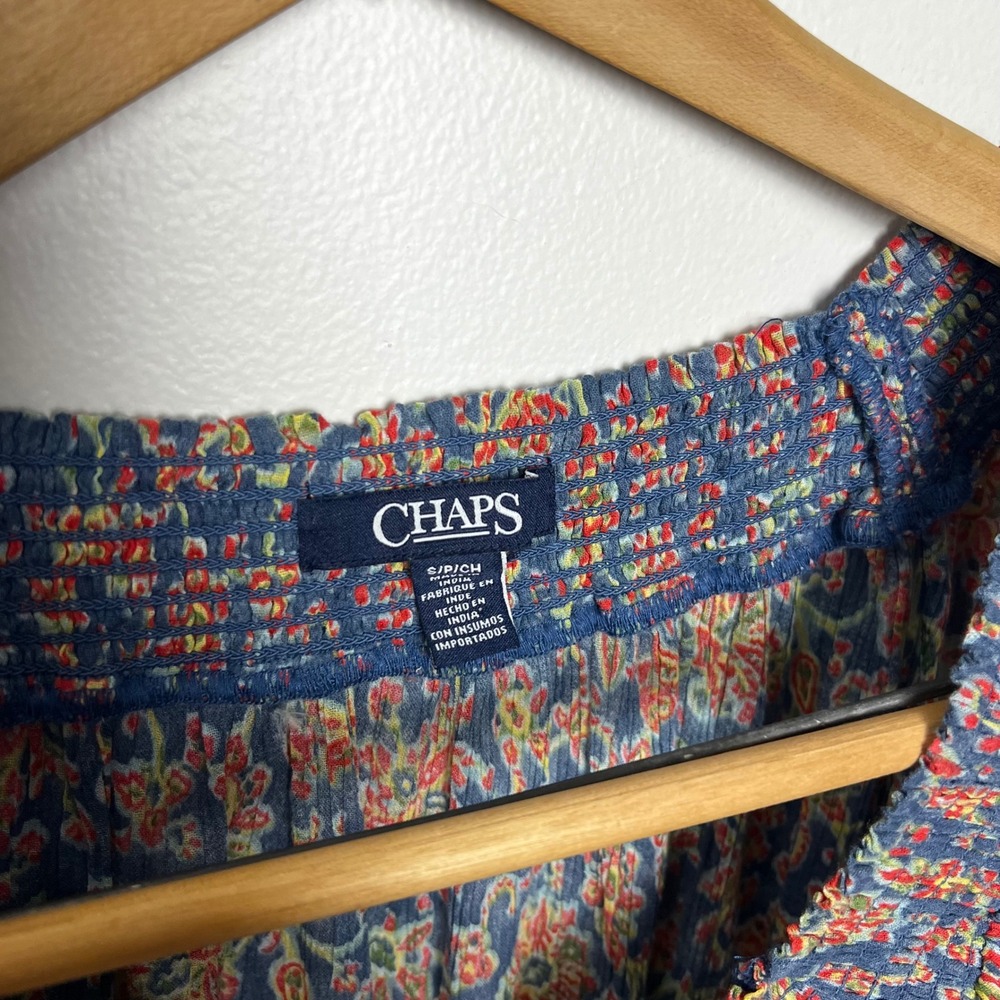 Chaps Womens Blue Floral Print Smocked Neck 3/4 Sleeve Blouse Peasant Top Size S - Picture 2 of 5